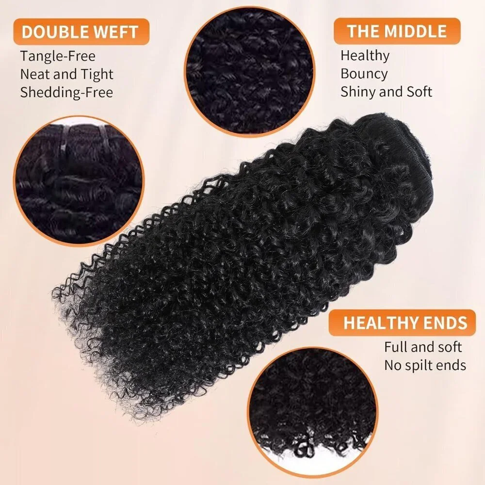 Kinky Curly Human Hair Clip Ins 14 Inch 8Pcs Natural Black No Shedding